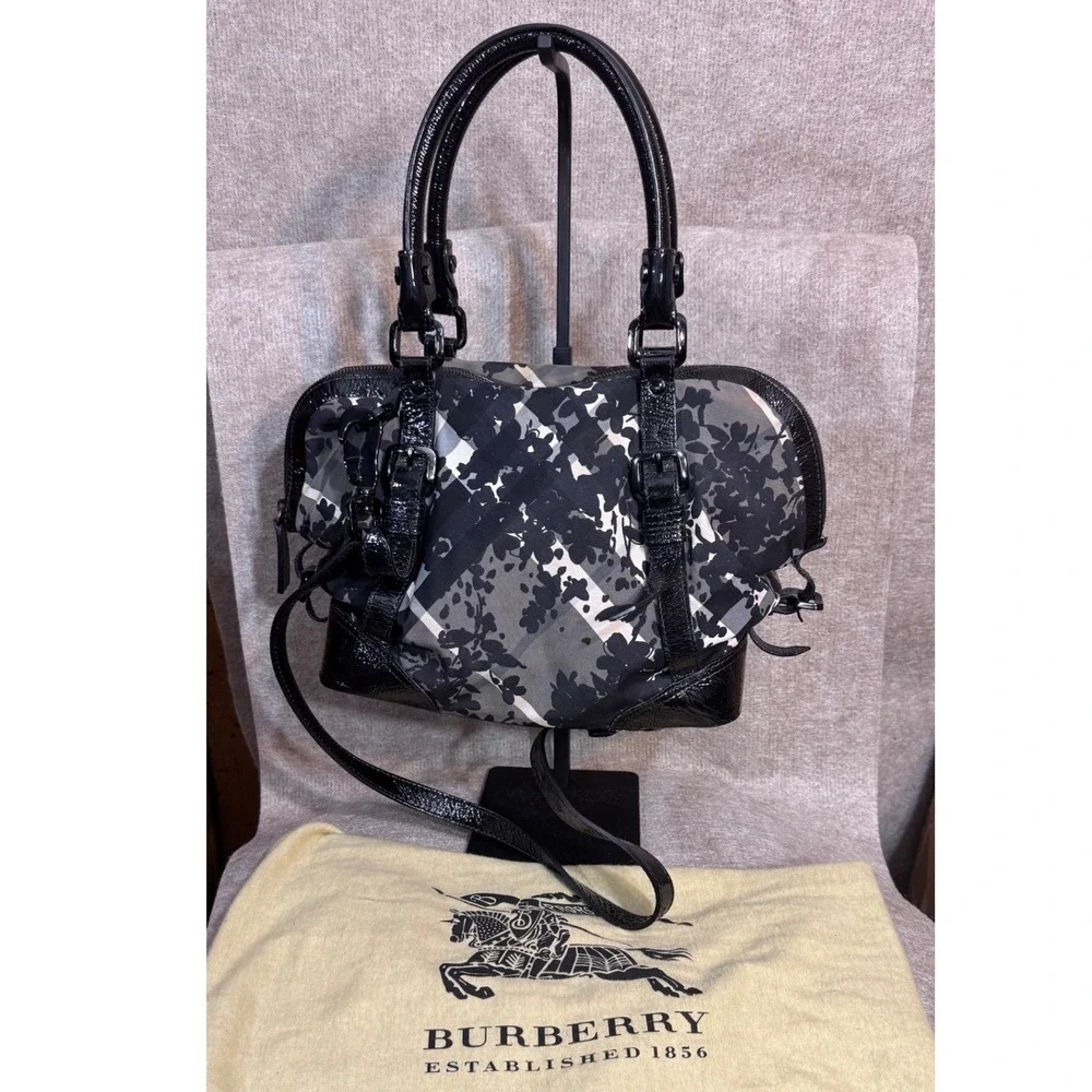 Burberry Floral Beat Check Foley Satchel Bag Patent Leather Crossbody Y2K